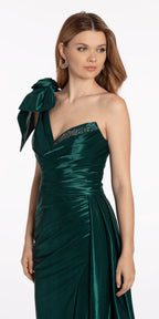 Metallic One Shoulder Pleated Lace Up Back Trumpet Dress with Side Cascade