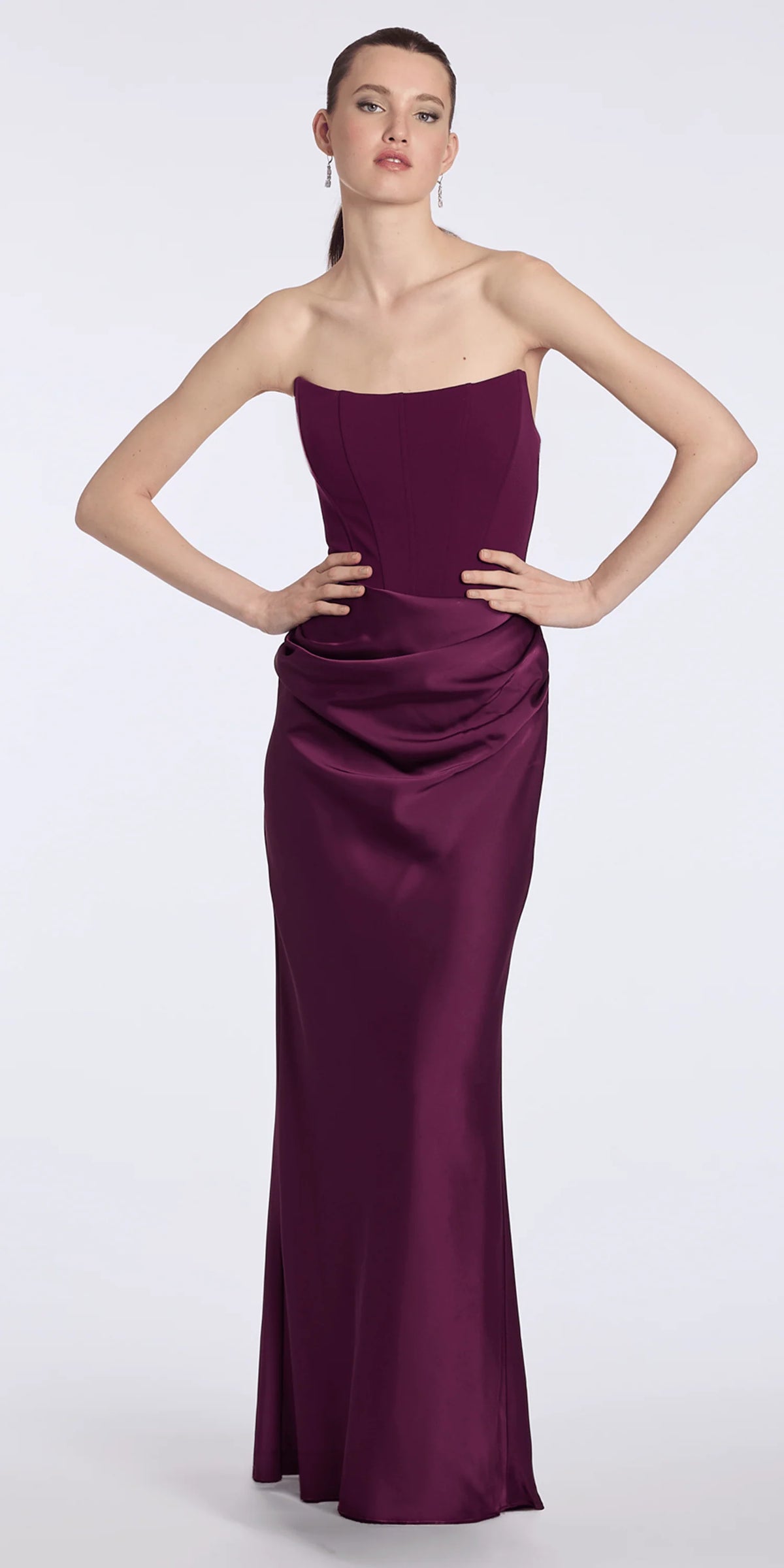 Pointed Strapless Scuba Corset Column Satin Dress