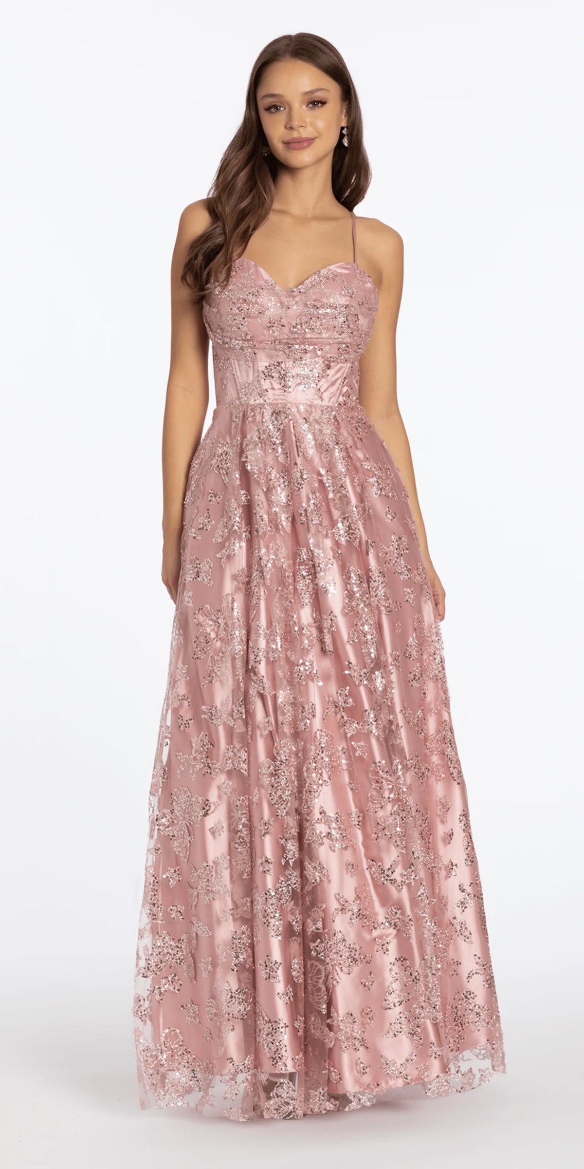 Glitter Butterfly Mesh Cowl Neck Corset Lace Up Back Ballgown