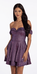 Glitter Metallic Off the Shoulder Tiered Fit and Flare Dress