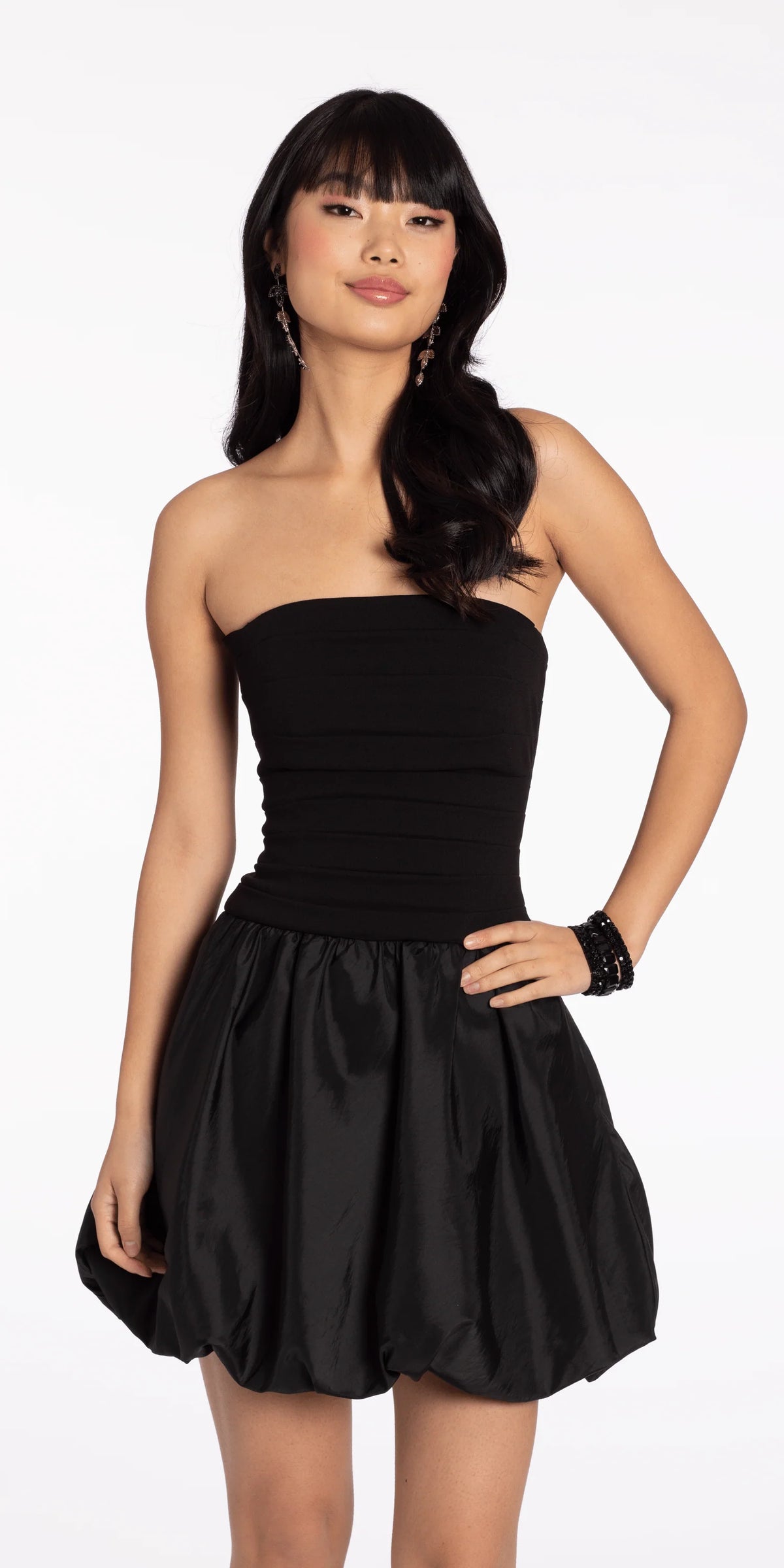 Strapless Scuba Fit and Flare Dress with Taffeta Bubble Hem