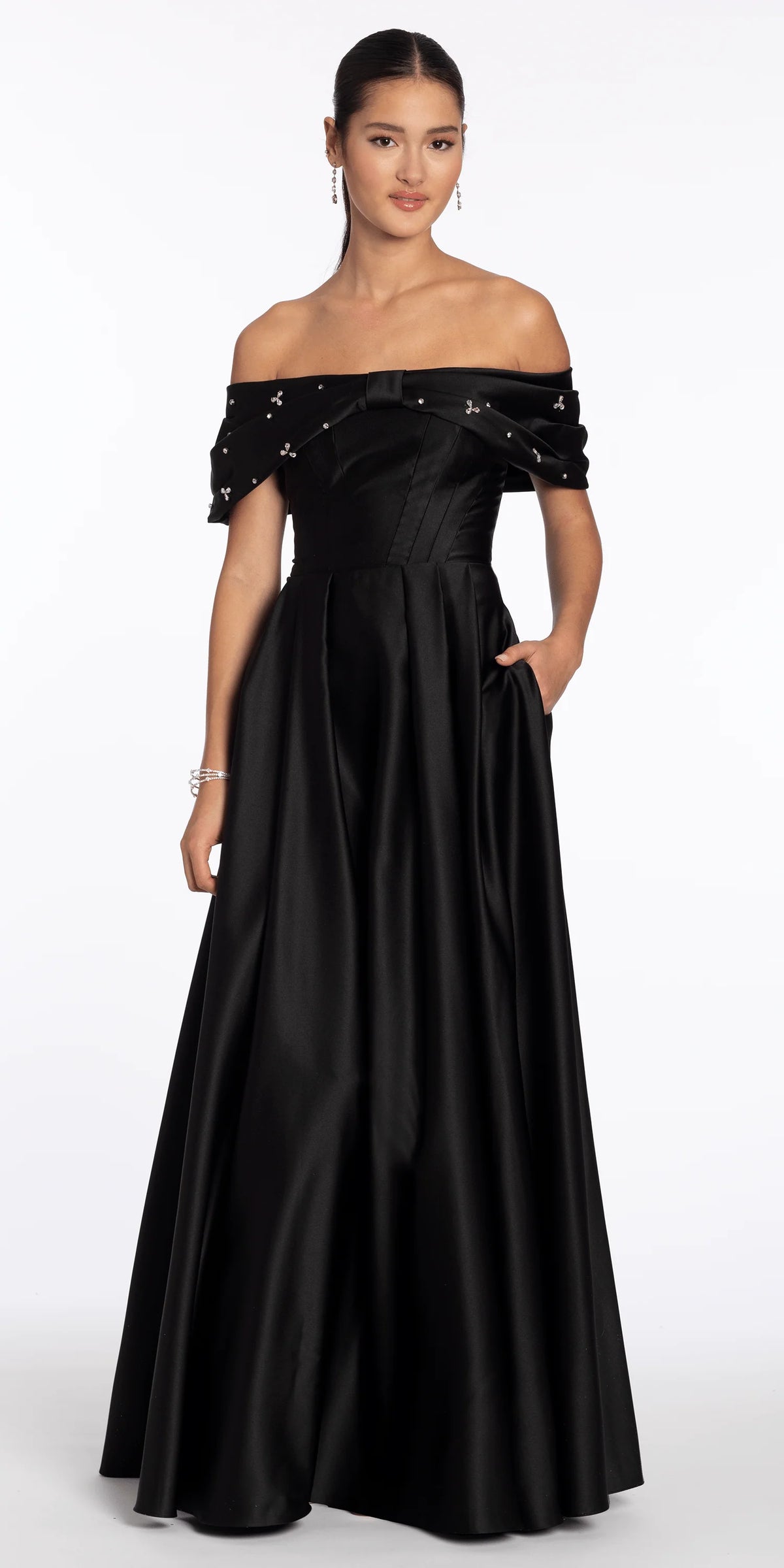 Satin Off the Shoulder Ballgown with Rhinestone Bow Detail