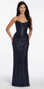 Pointed Strapless Sequin Lace Up Back Column Dress