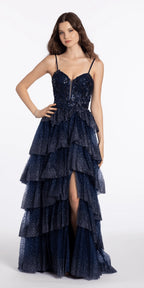 Embellished Strapless Plunge Corset Tulle Tiered Ballgown