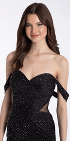 Mesh Embellished Off the Shoulder Column Dress with Illusion Side