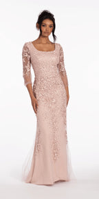 3 4 Sleeve Mesh Embroidered Column Dress with Heat Set Beads