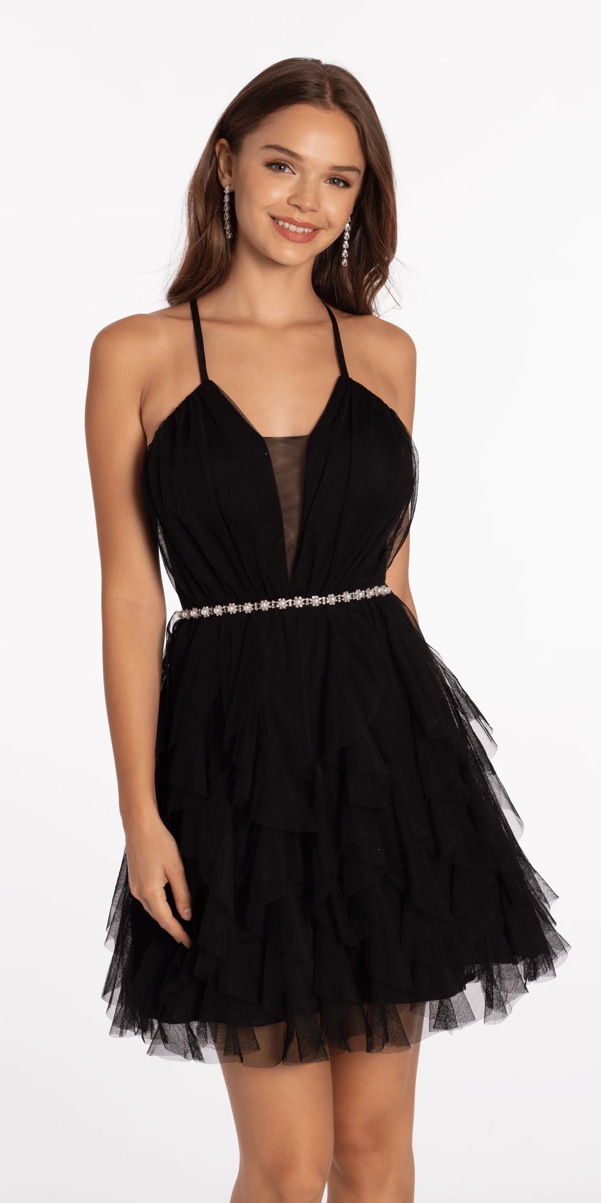 Mesh Plunge Fit and Flare Dress with Pearl Waist Detail
