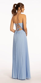 Pleated Chiffon Lace Up Back Dress