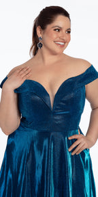 Iridescent Metallic Glitter Off the Shoulder Plunge A Line Dress