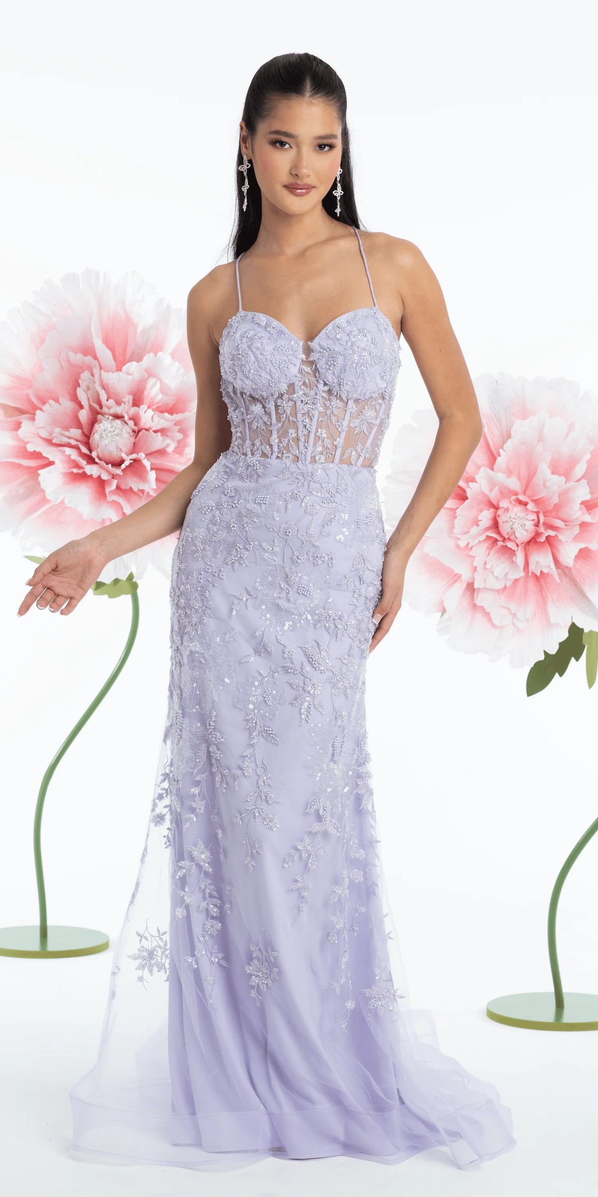 Pearl Accent Floral Embroidered Mesh Corset Mermaid Dress