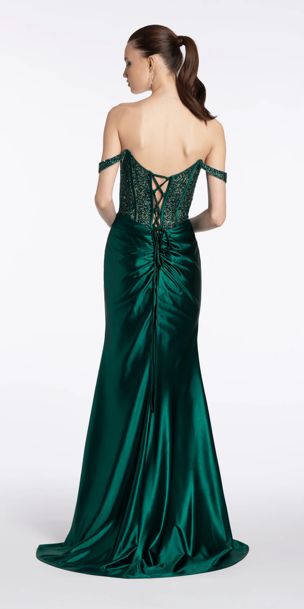 Embellished Off the Shoulder Sateen Corset Dress with Ruching