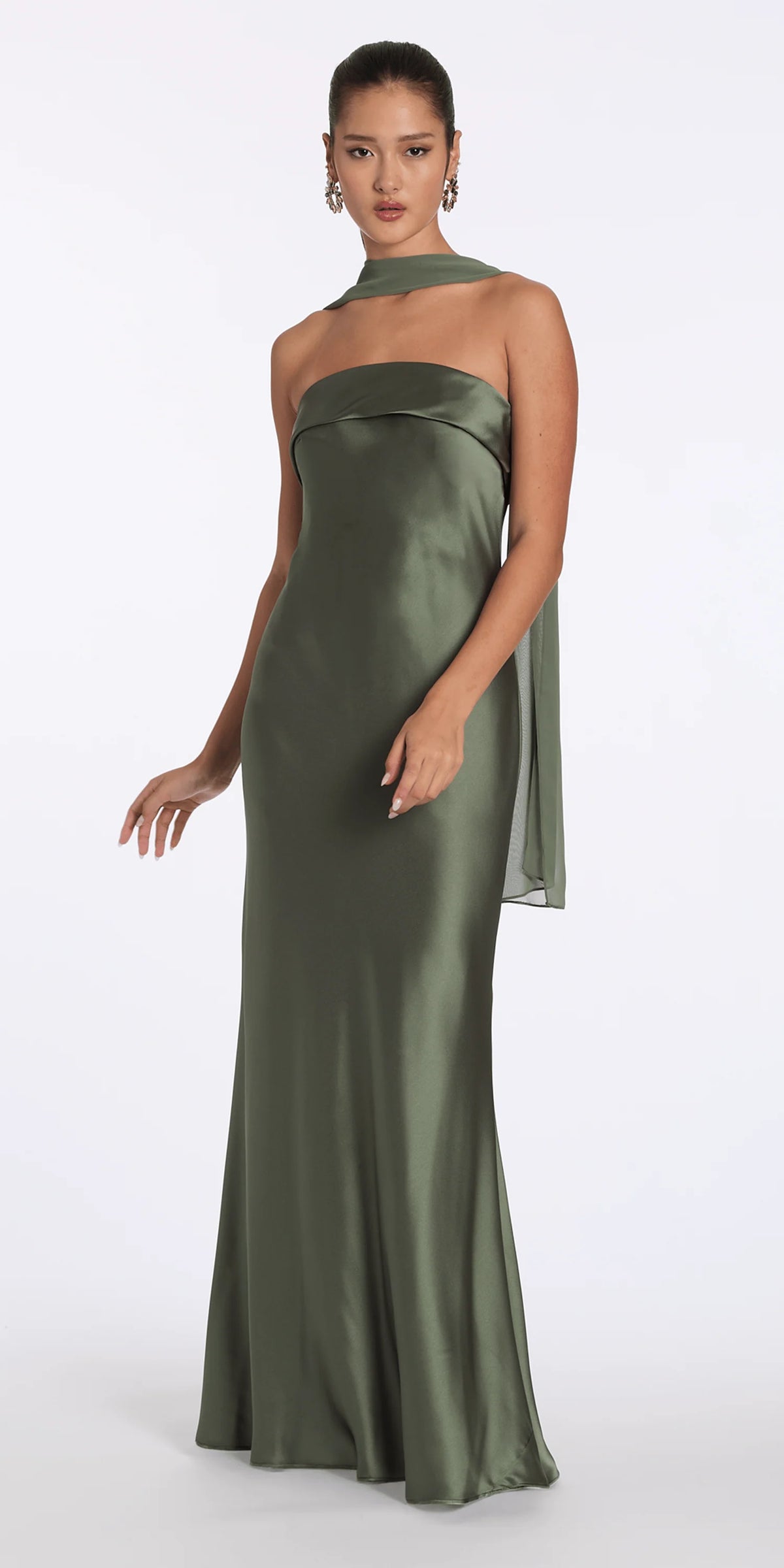 Strapless Satin Cuff Column Dress with Chiffon Shawl