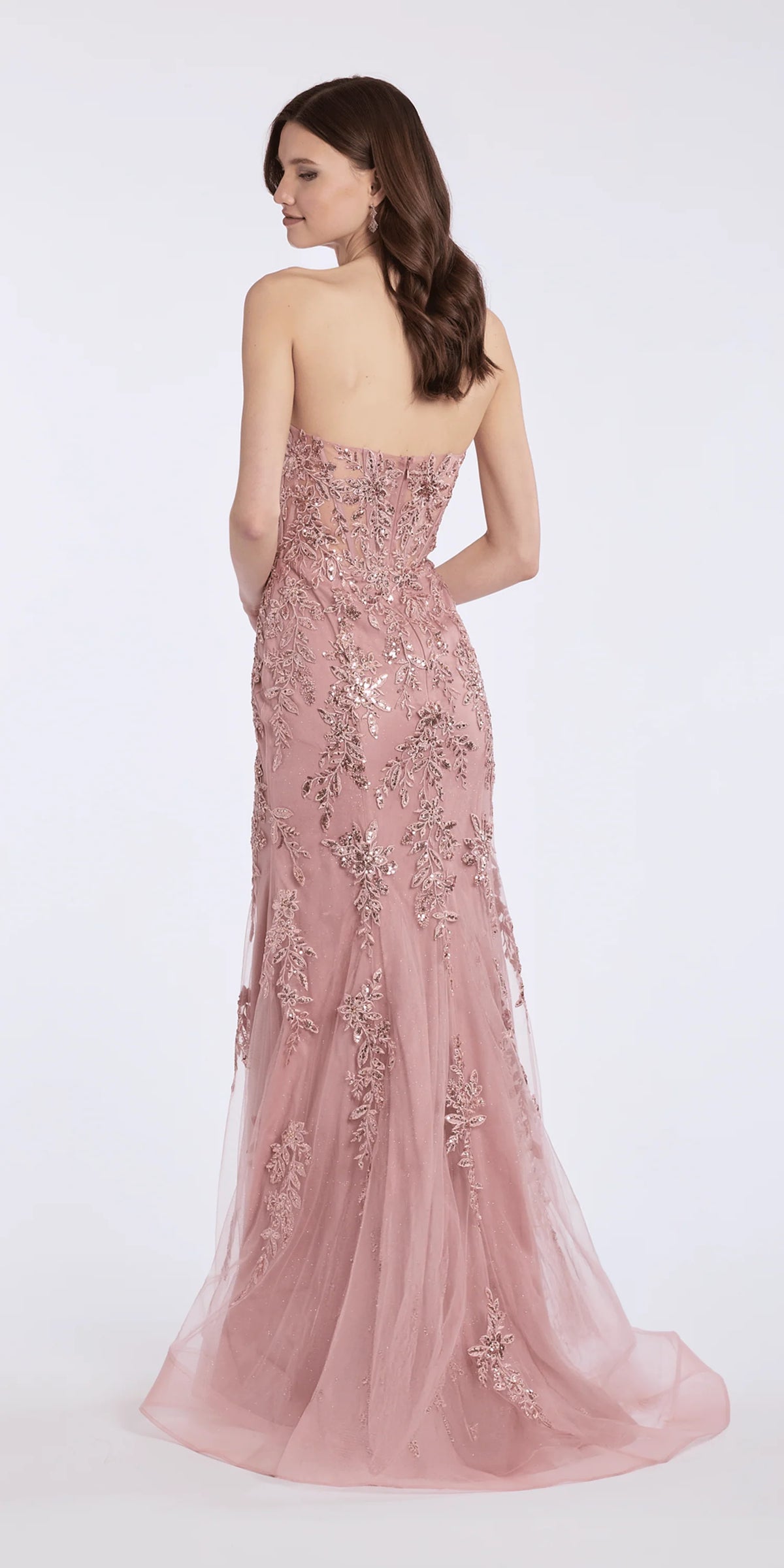 Strapless Mesh Embroidered Sequin Corset Column Dress