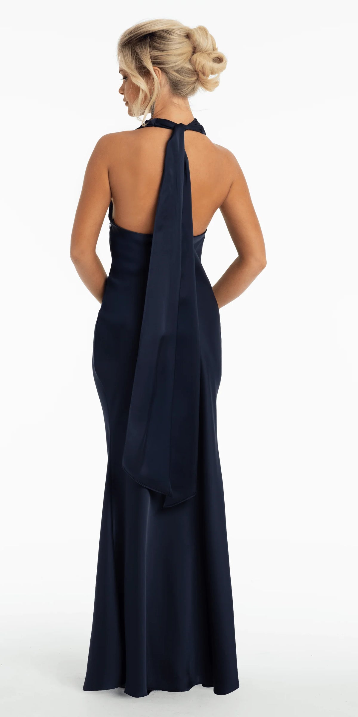 Satin Drape Halter Tie Neck Column Dress with Brooch