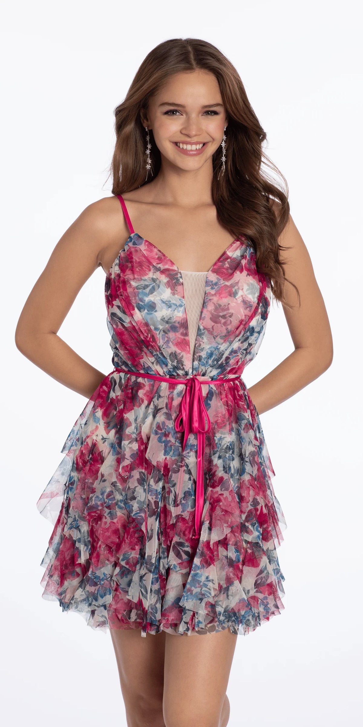 Plunging Floral Tiered Fit and Flare Dress with Satin Tie