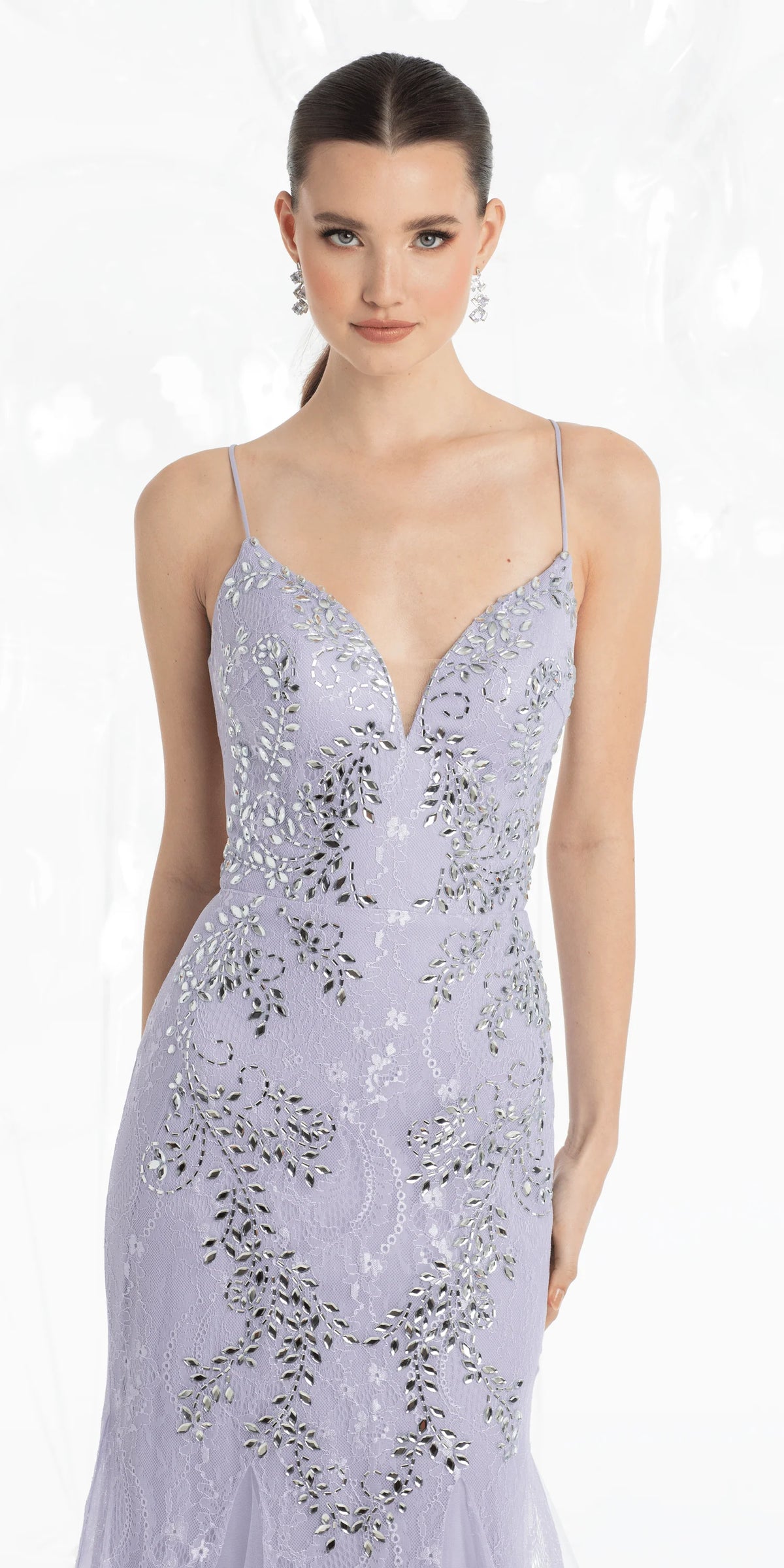 Strappy Back Crystal Beaded Lace Plunge Mermaid Dress with Godets