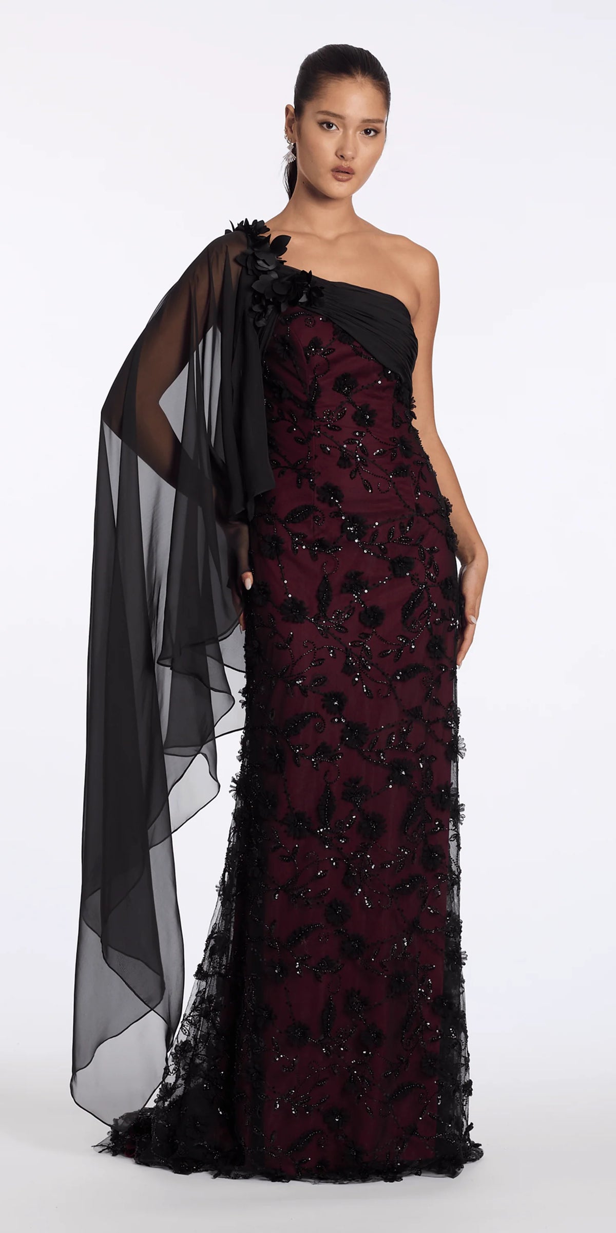 Two Tone Mesh 3 D One Shoulder Column Dress with Cascade