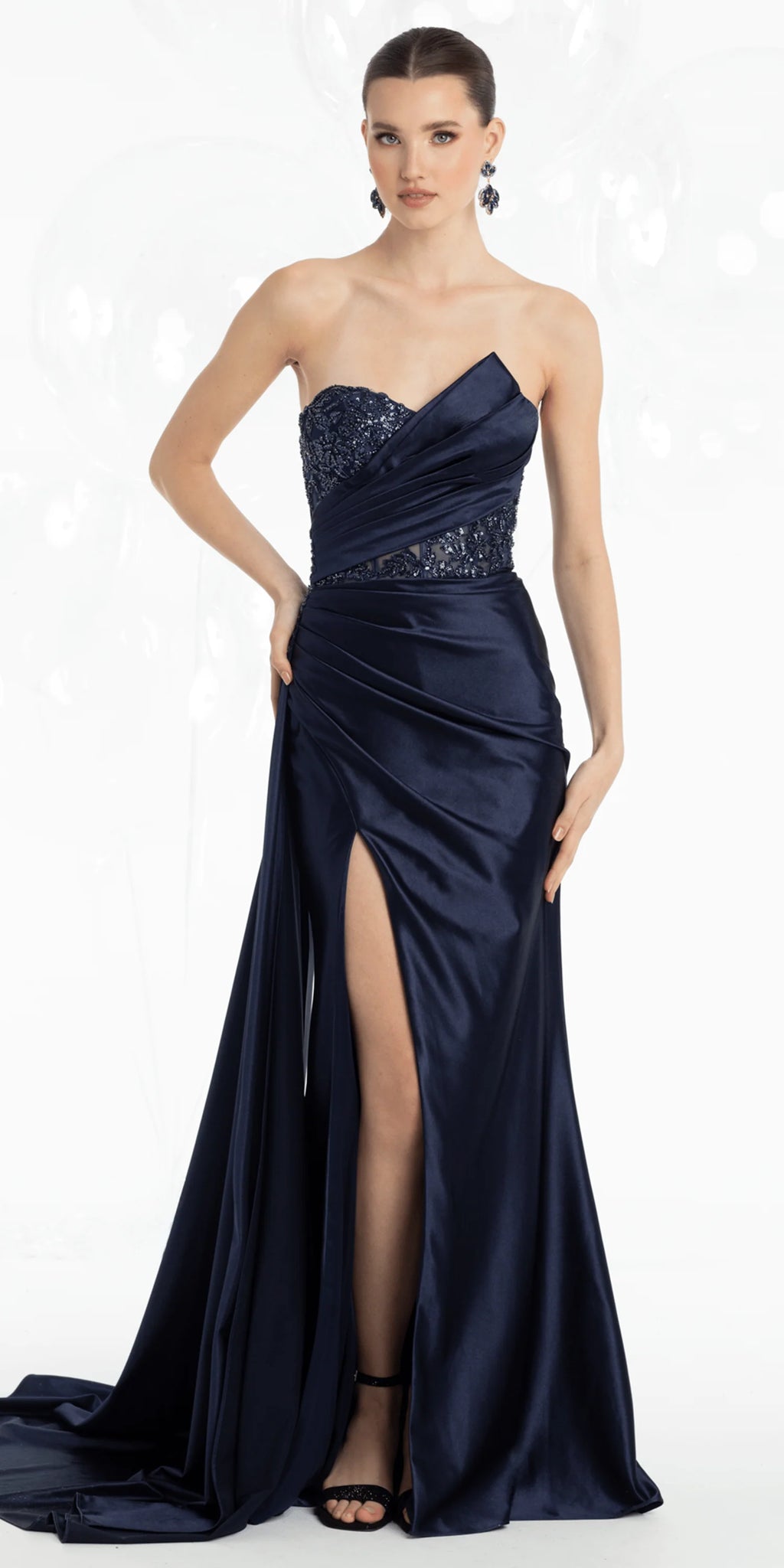 Satin Embroidered Strapless Column Dress with Side Drape
