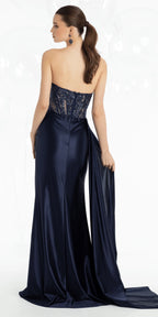Satin Embroidered Strapless Column Dress with Side Drape