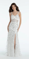 Sequin Illusion Corset Column Dress with Pleated Taffeta Tie Back