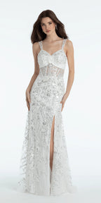 Sequin Illusion Corset Column Dress with Pleated Taffeta Tie Back