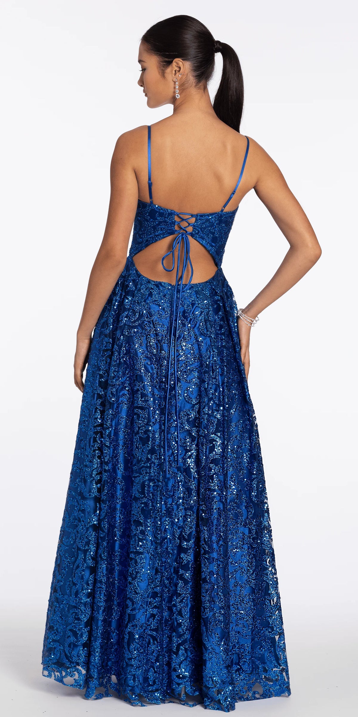 Strappy Back Glitter Mesh Ballgown with Pockets
