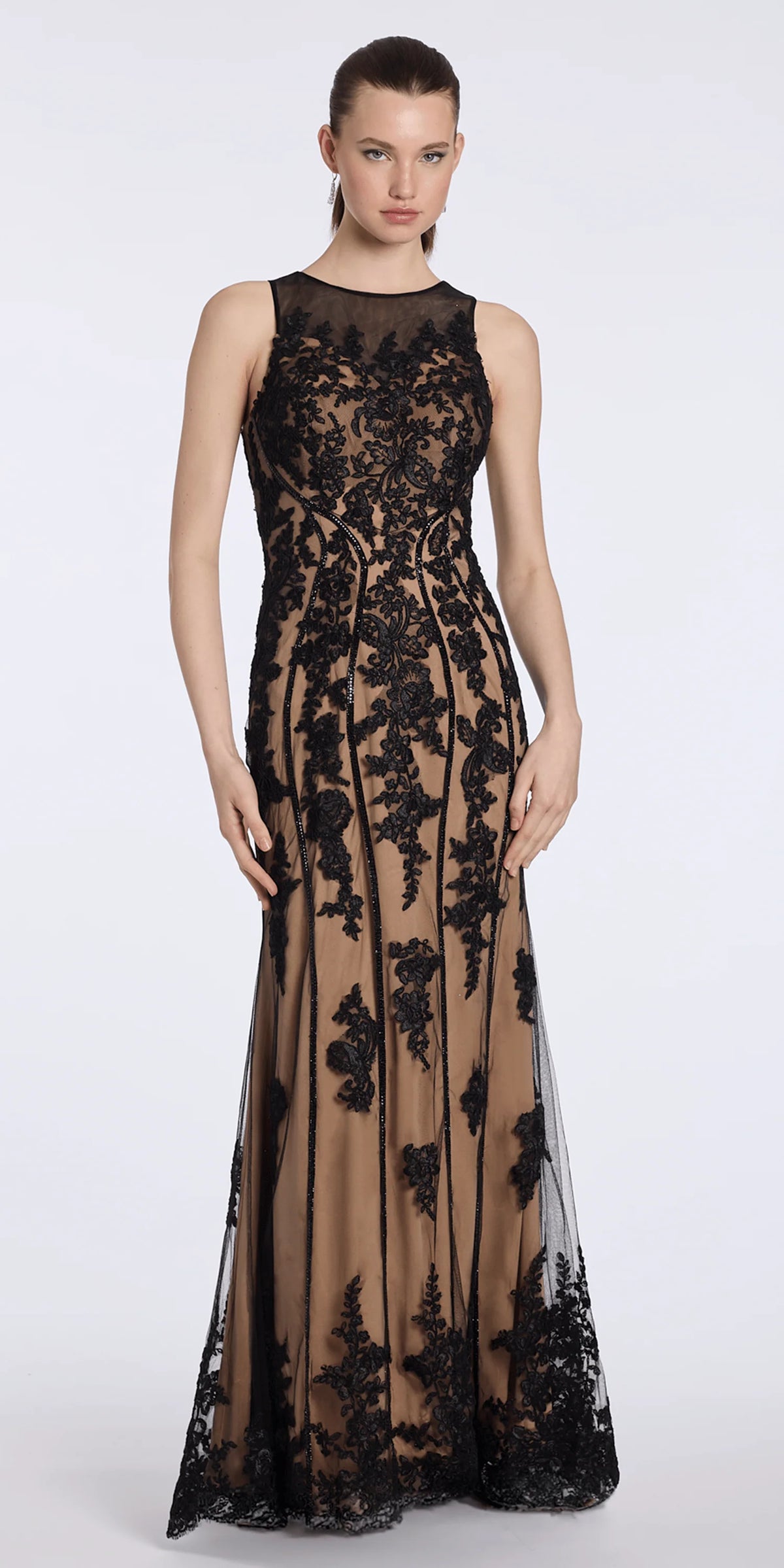 Mesh Embroidered Two Tone Jewel Neck Trumpet Dress with Scalloped Hem