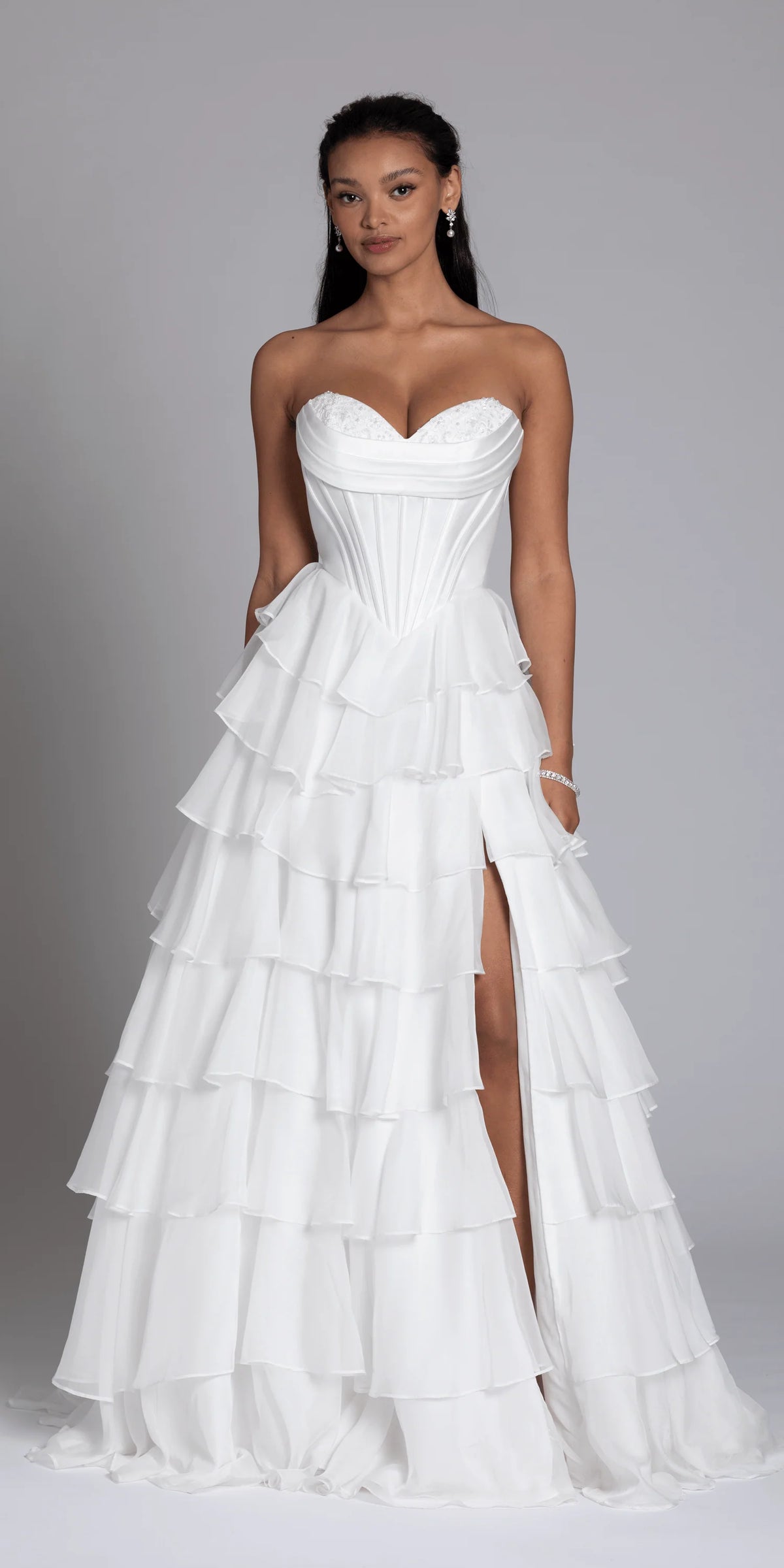 Strapless Tiered Chiffon and Satin Pleated Corset Ballgown