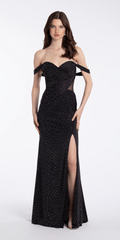 Mesh Embellished Off the Shoulder Column Dress with Illusion Side