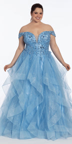 Embroidered Off the Shoulder Beaded Glitter Tulle Tiered Ballgown