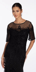 Beaded Illusion Short Sleeve Trumpet Dress with Godets