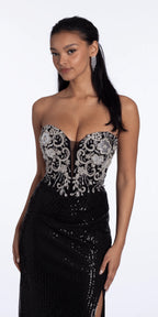 Beaded Strapless Sequin Column Dress with Ruching