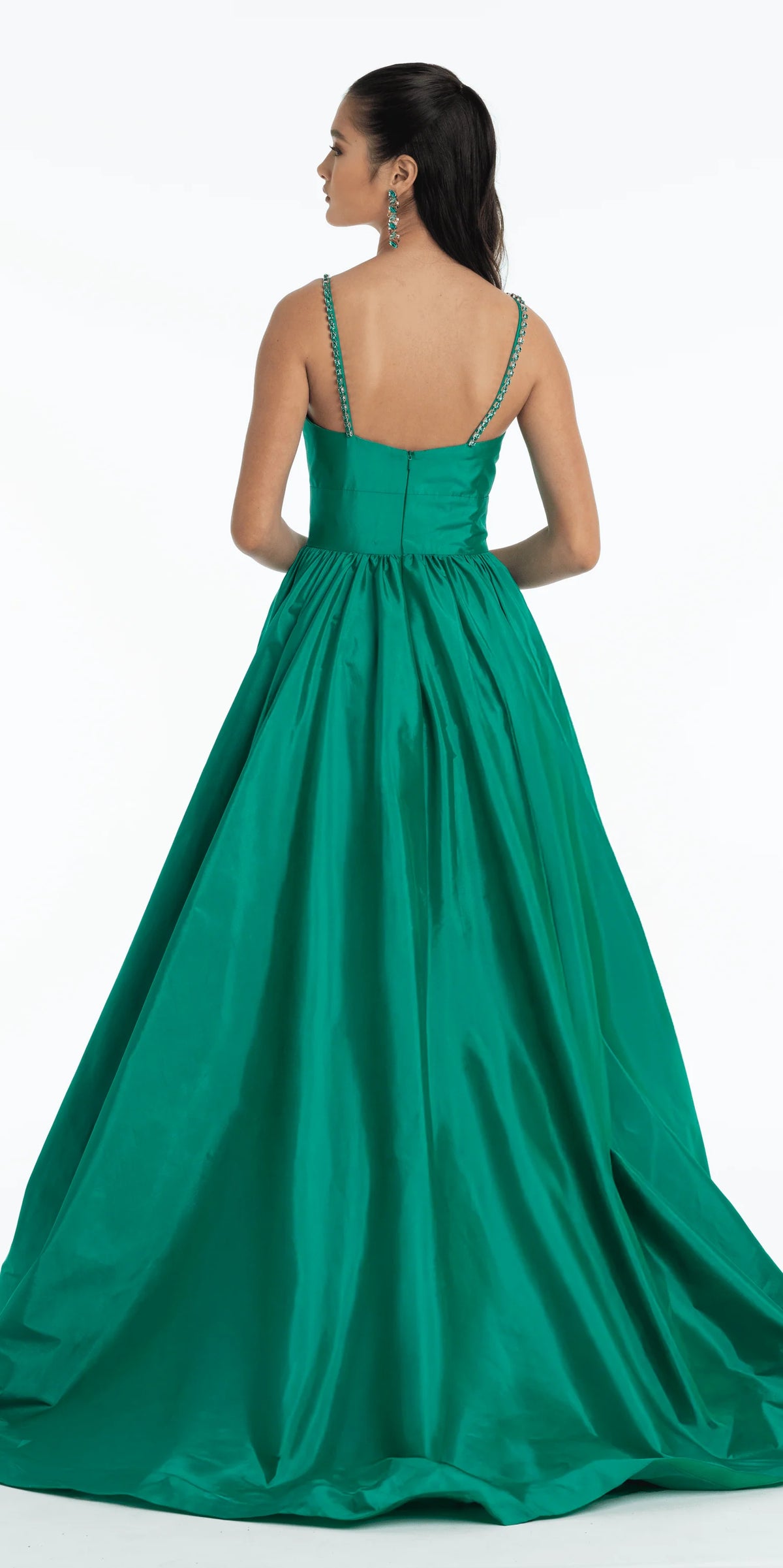 Jewel Neck Taffeta Pleated Ballgown with Pockets