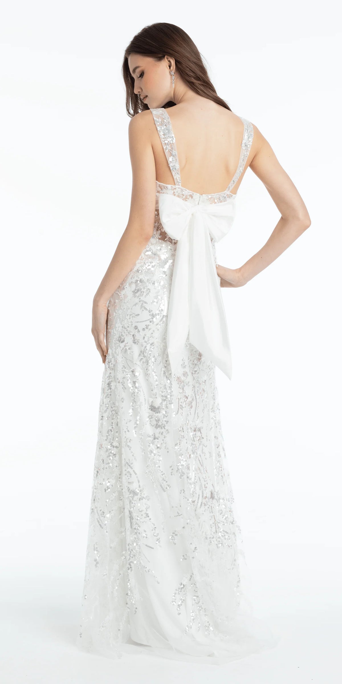 Sequin Illusion Corset Column Dress with Pleated Taffeta Tie Back
