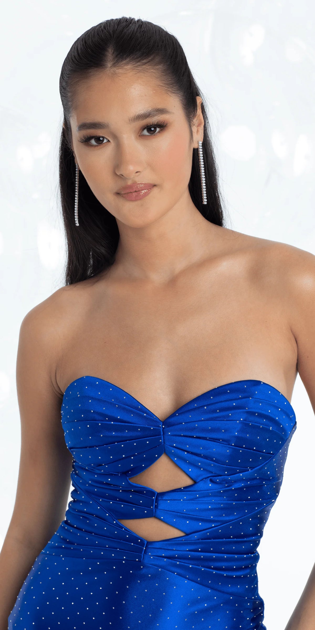 Strapless Satin Sweetheart Trumpet Dress with Peek a Boo Bodice and Heat Set Stones
