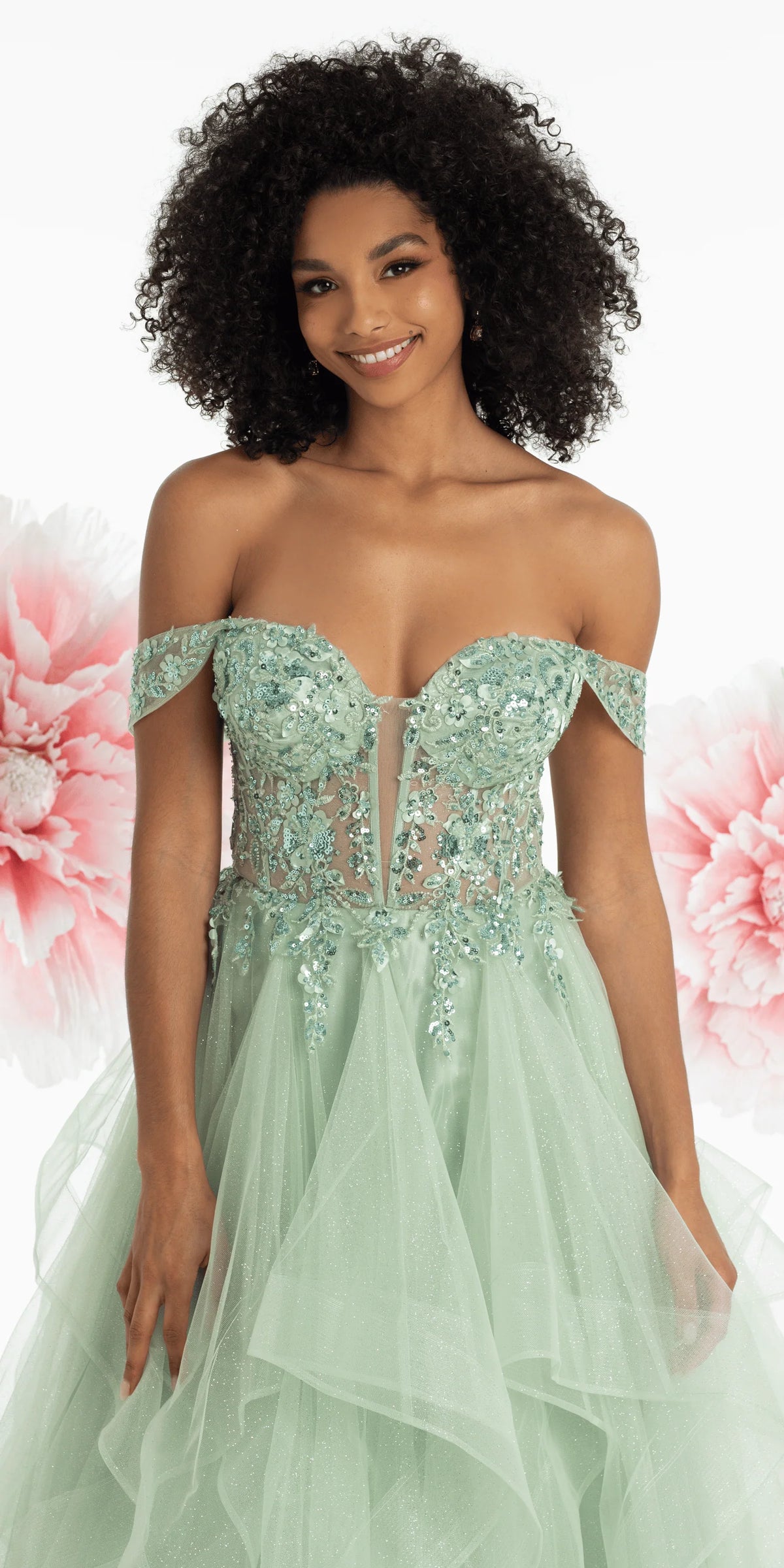 Embroidered Off the Shoulder Beaded Glitter Tulle Tiered Ballgown