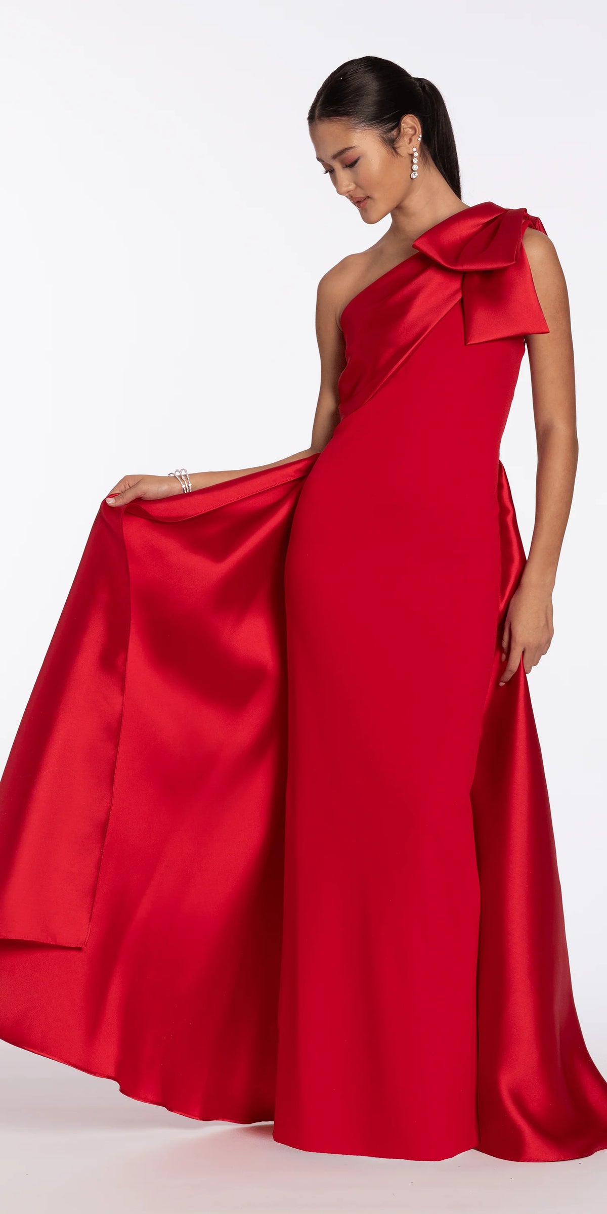 Stretch Crepe One Shoulder Dress with Mikado Cascades