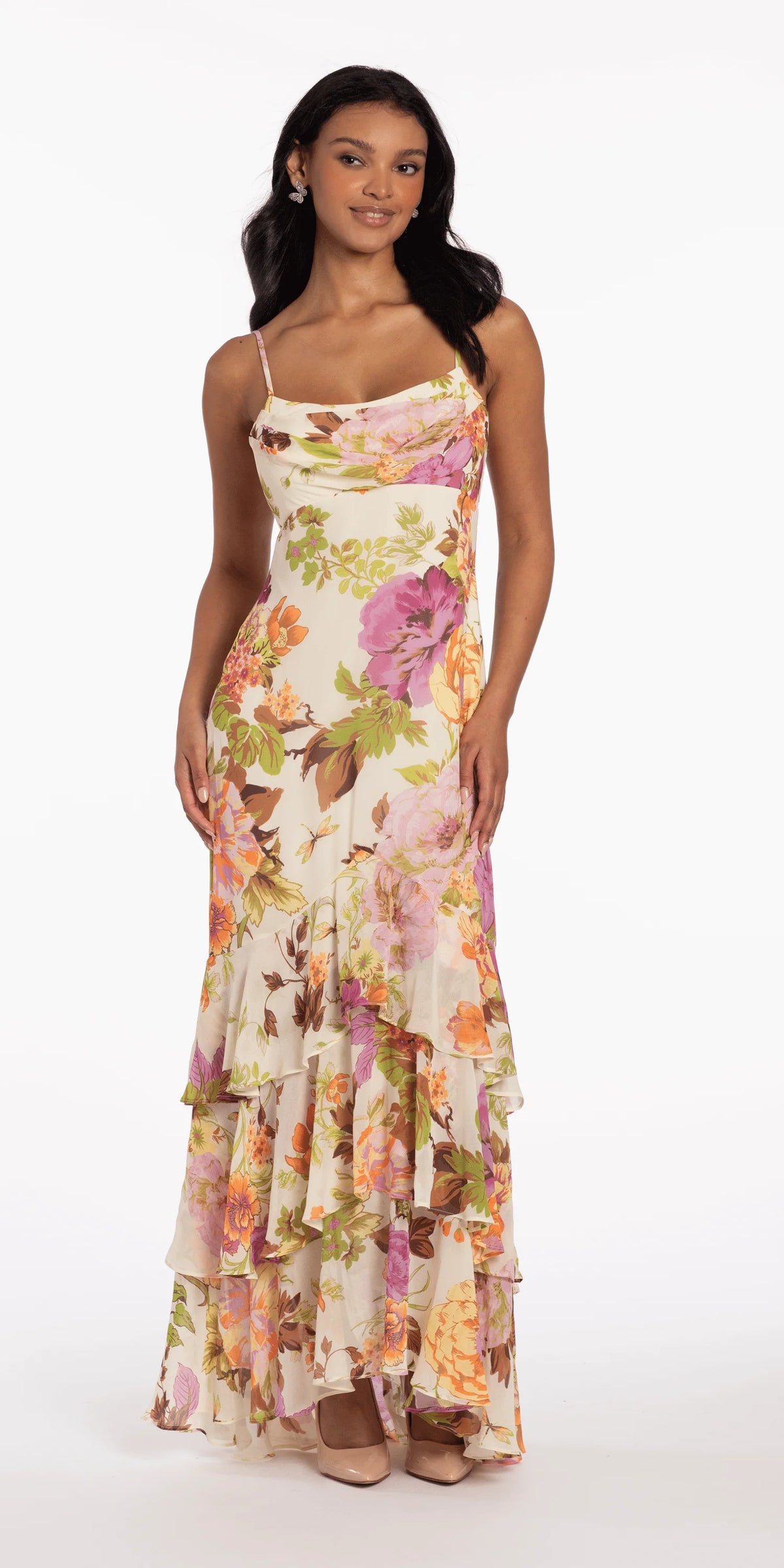 Floral Print Chiffon Drape Front Ruffle High Low Dress