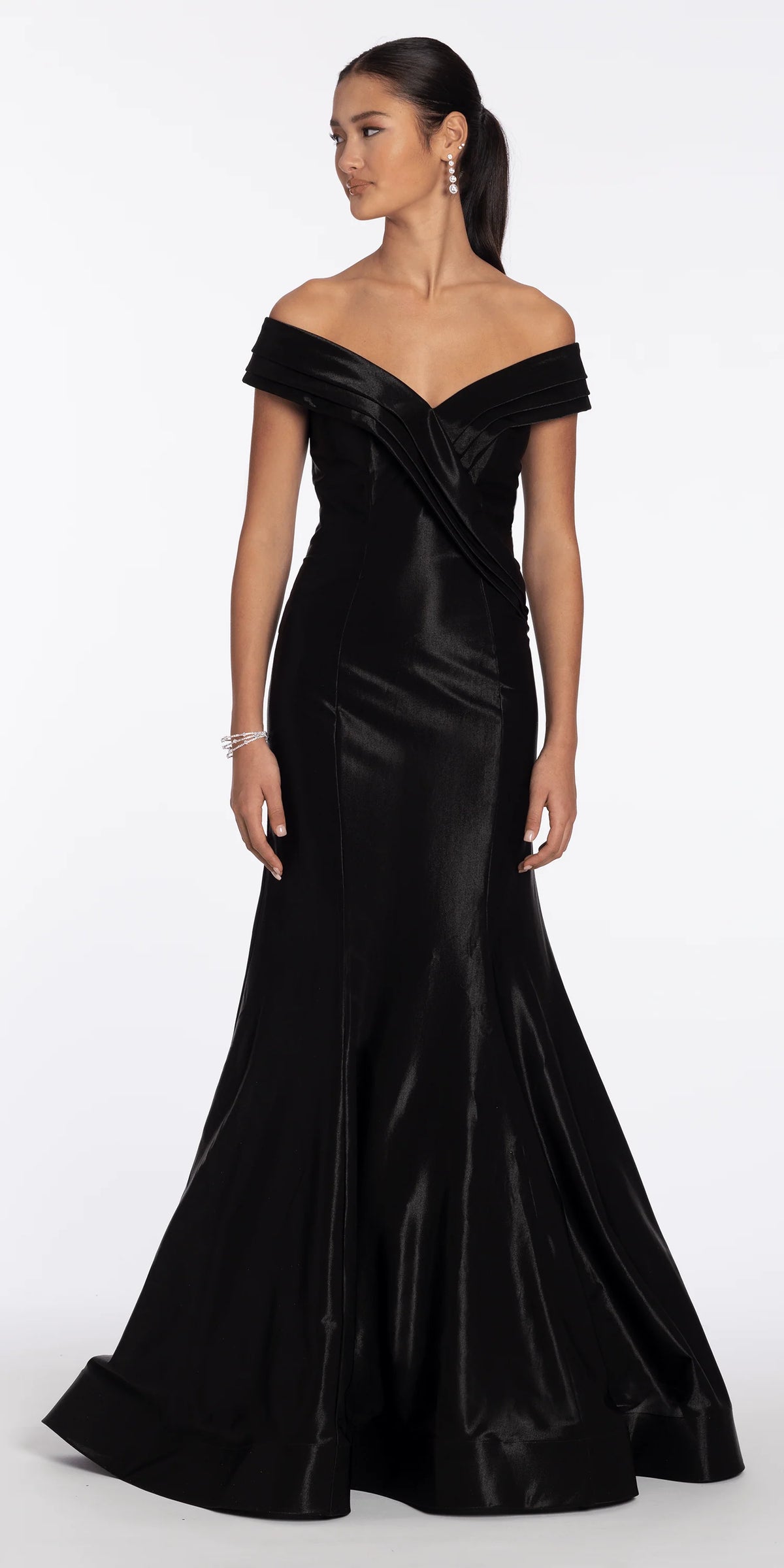 Pleated Off the Shoulder Sateen Trumpet Dress with Sweep Train