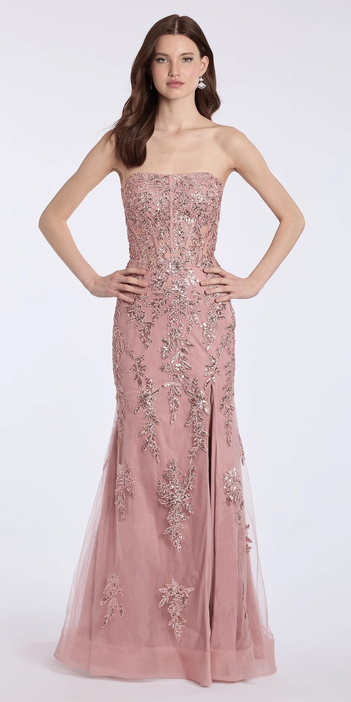 Strapless Mesh Embroidered Sequin Corset Column Dress