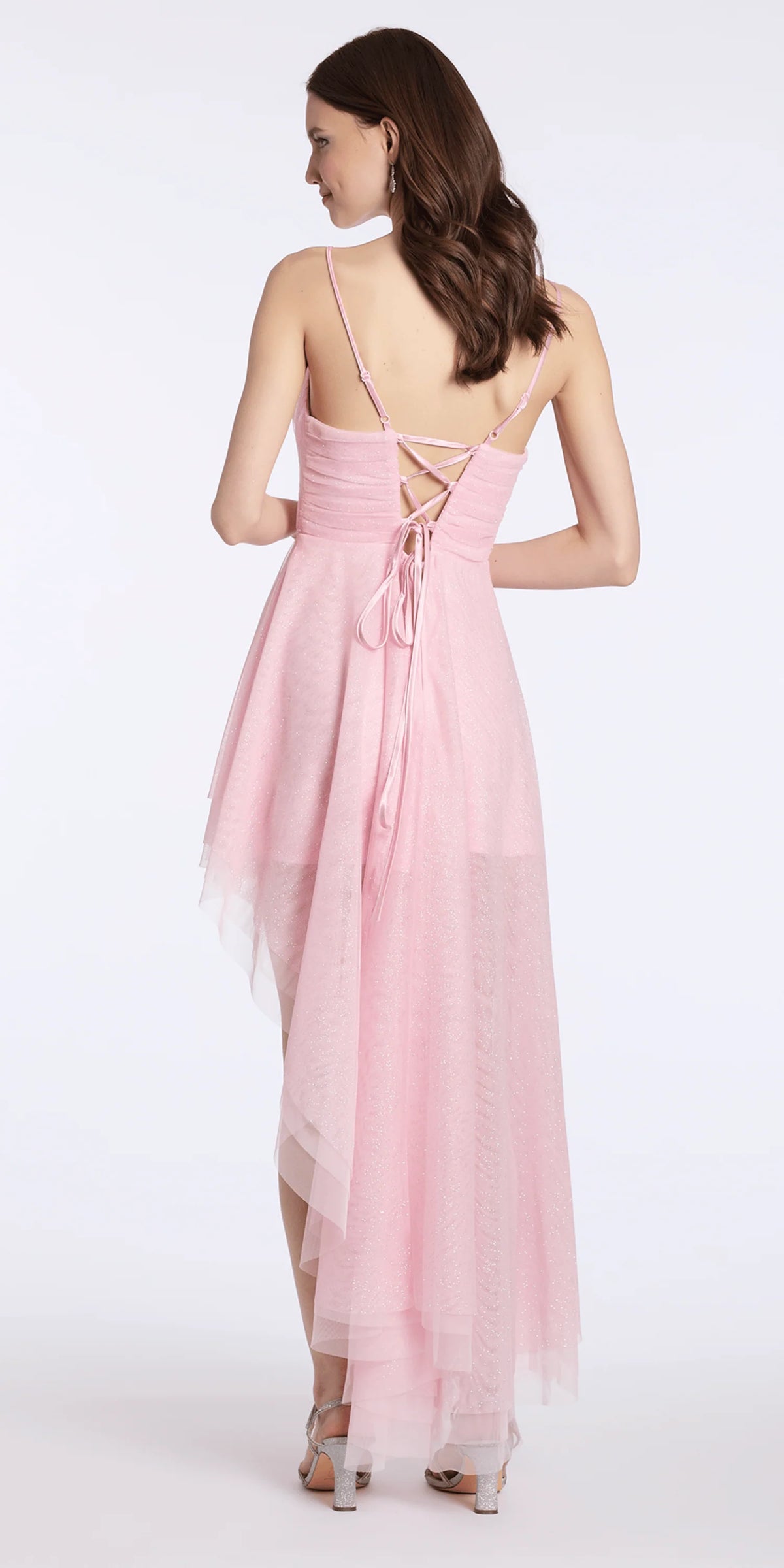 Glitter Mesh Scoop Neck Asymmetric High Low Dress