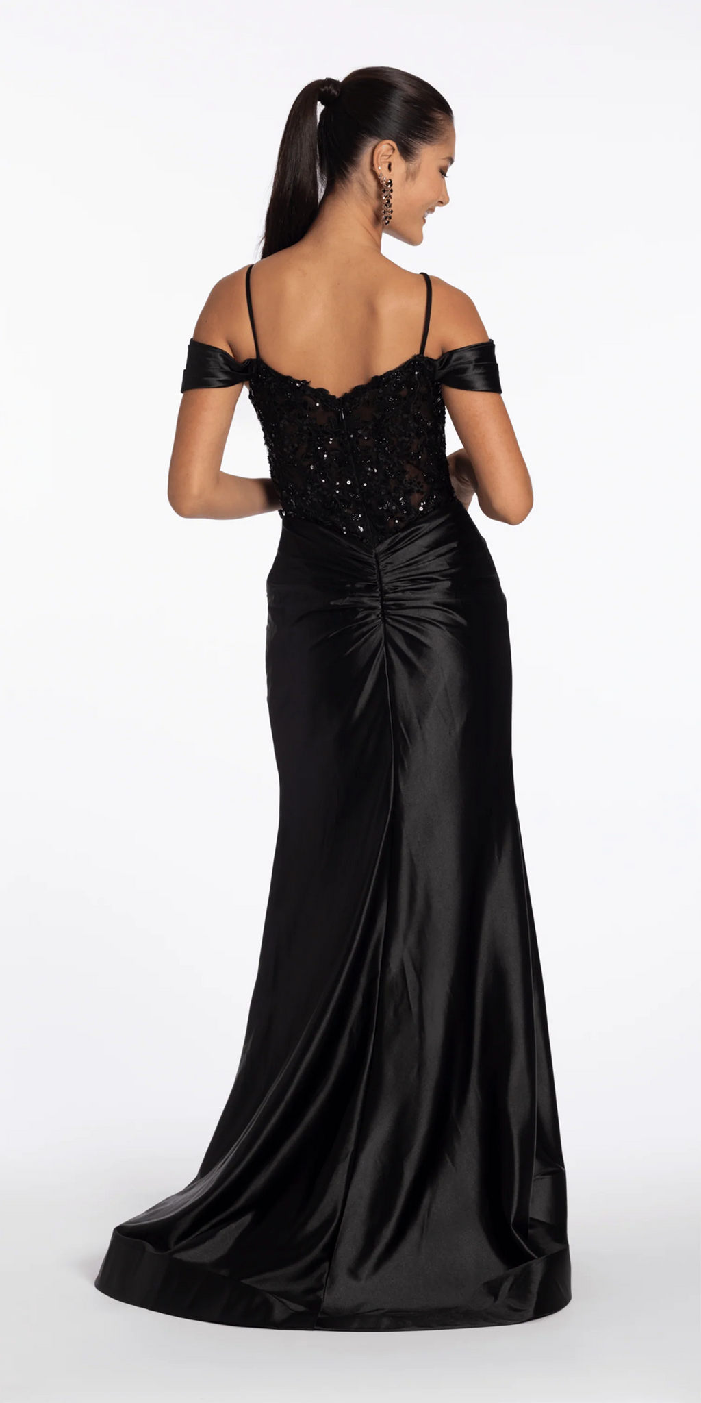 Embroidered Sequin Satin Off the Shoulder Twist Knot Trumpet Dress