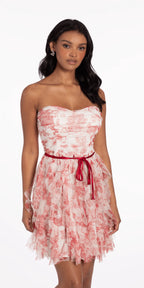 Strapless Floral Mesh Tiered Fit and Flare Dress