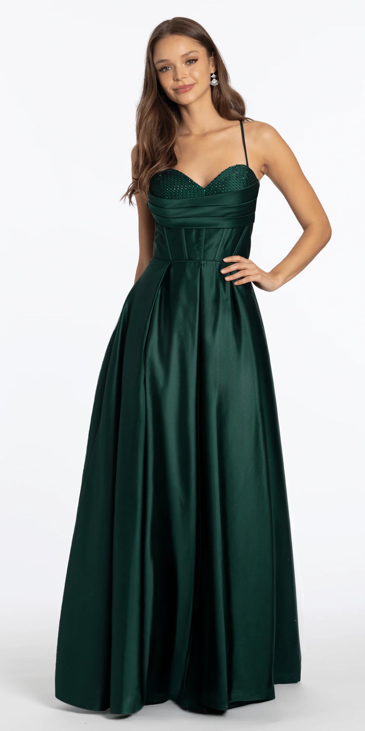 Satin Beaded Drape Corset Ballgown with Side Pockets