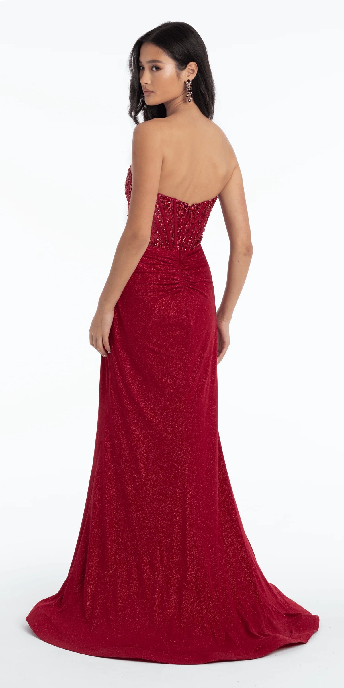 Glitter Knit Embellished Sweetheart Corset Trumpet Dress with Ruching
