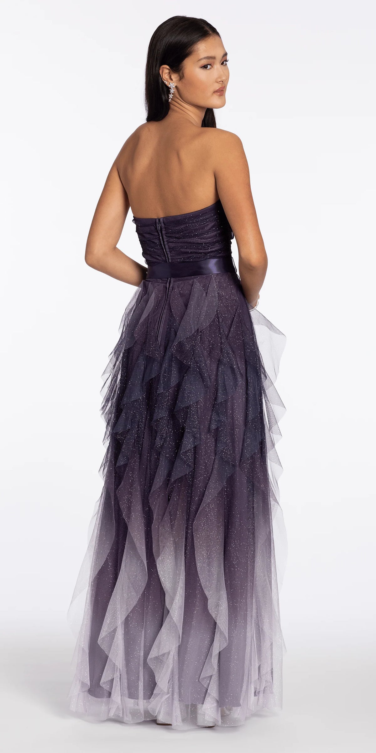 Strapless Glitter Mesh Ombre Tendril Dress with Satin Tie