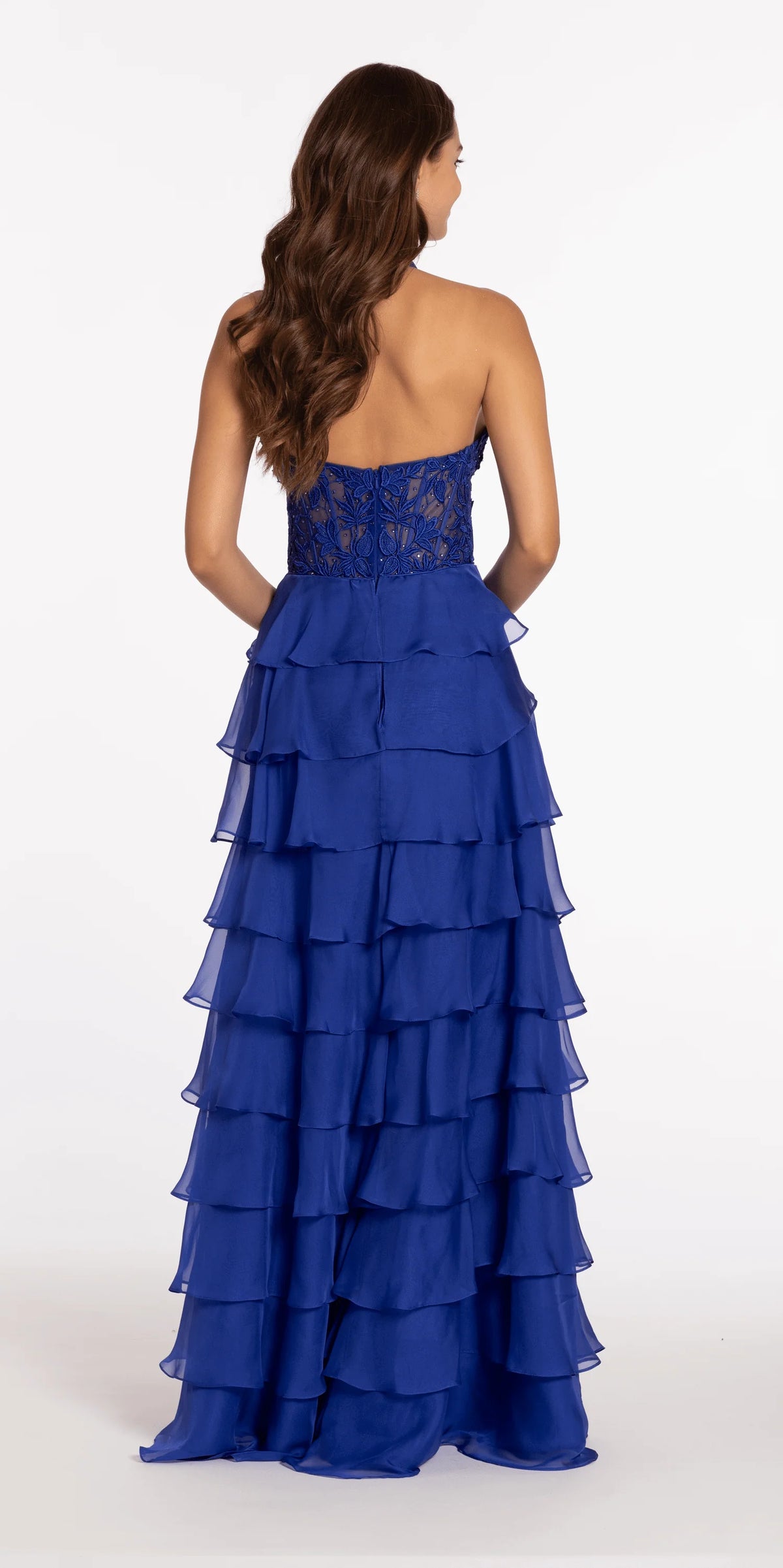 Chiffon Tiered Halter A Line Dress with Embellished Appliques