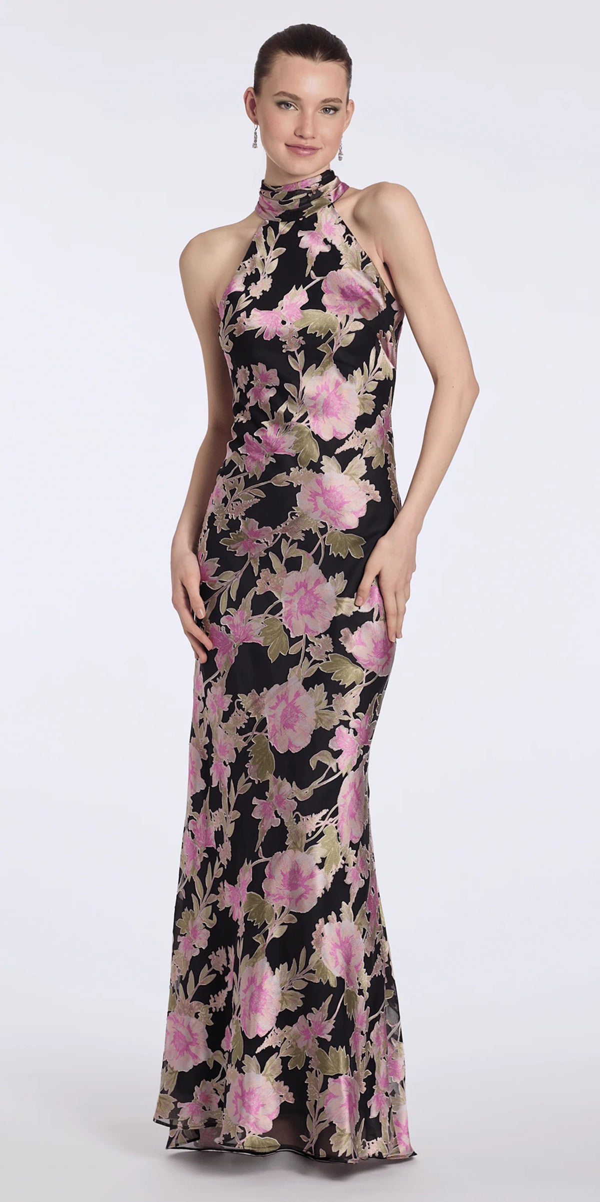 Floral Burnout Chiffon Halter Column Dress
