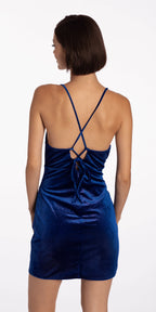Iridescent Cowl Neck Velvet Lace Up Back Bodycon Dress