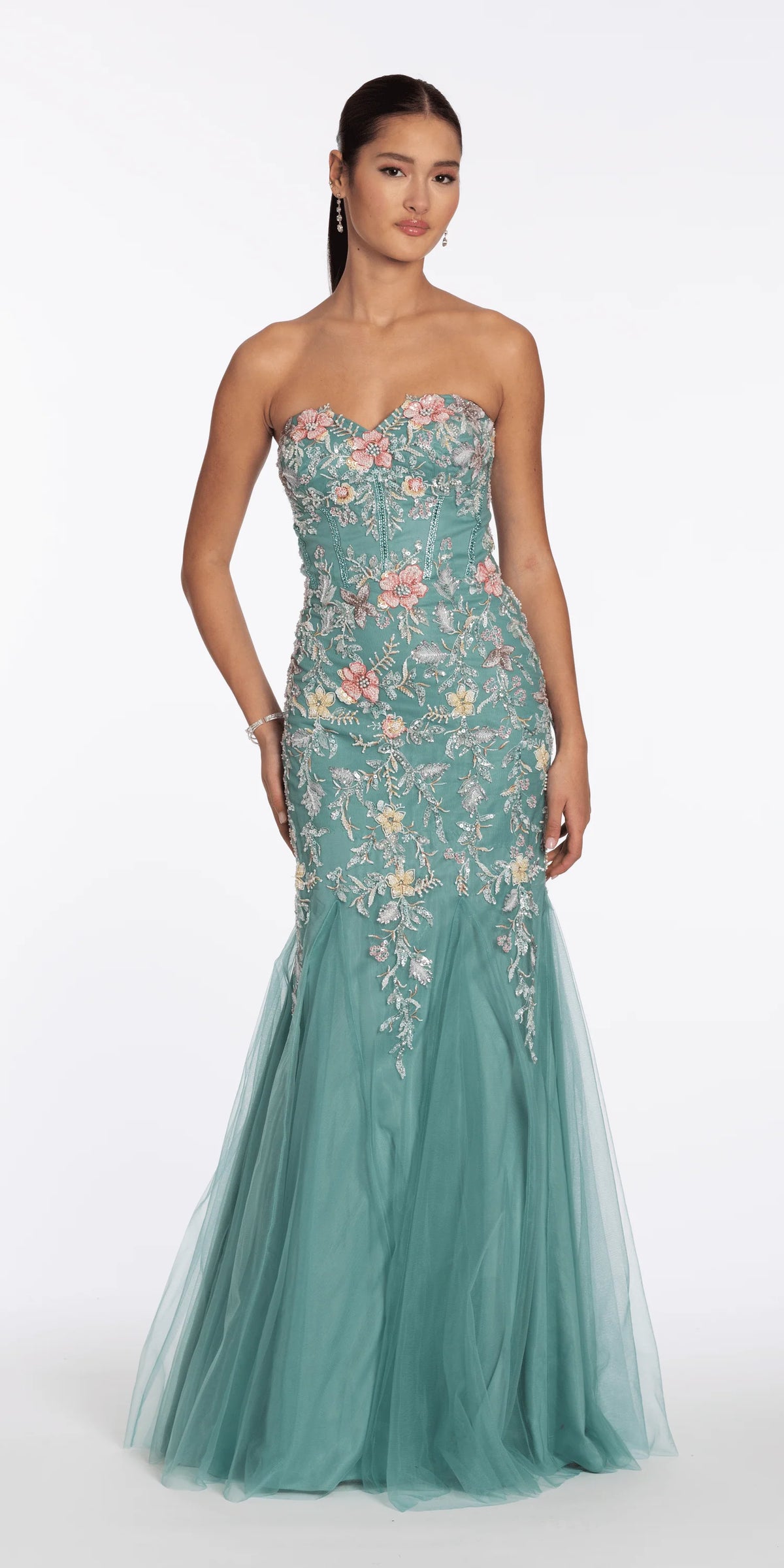 Floral Mesh Embroidered Strapless Mermaid Dress with Godets